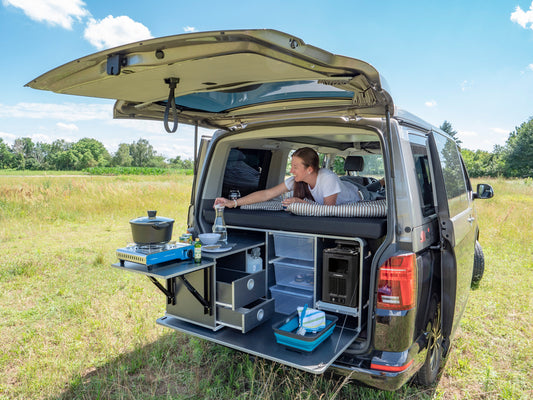 Camping BOX L-CM pour VW T6/5 Multivan / California Beach, avec banquette 3 places d'origine